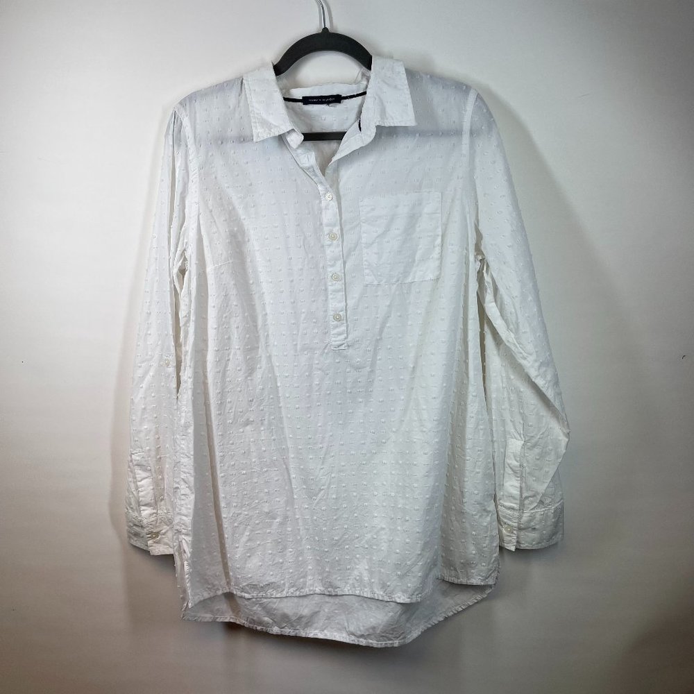 Tommy Hilfiger Women's White Poplin Dot Long Sleeve Button Front Blouse Size M